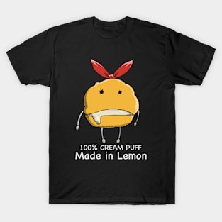 Mashle Anime 100% Made in Lemon Irvine Cream Puff Plush Lucky Charm given to Mash Burnedead in episode 8 in Pop Art Style Black and White Text T-Shirt